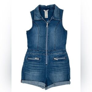 Bebe Girls 14 Denim Stretch Romper Cuffed Hem Pockets Collar Hipster Streetwear